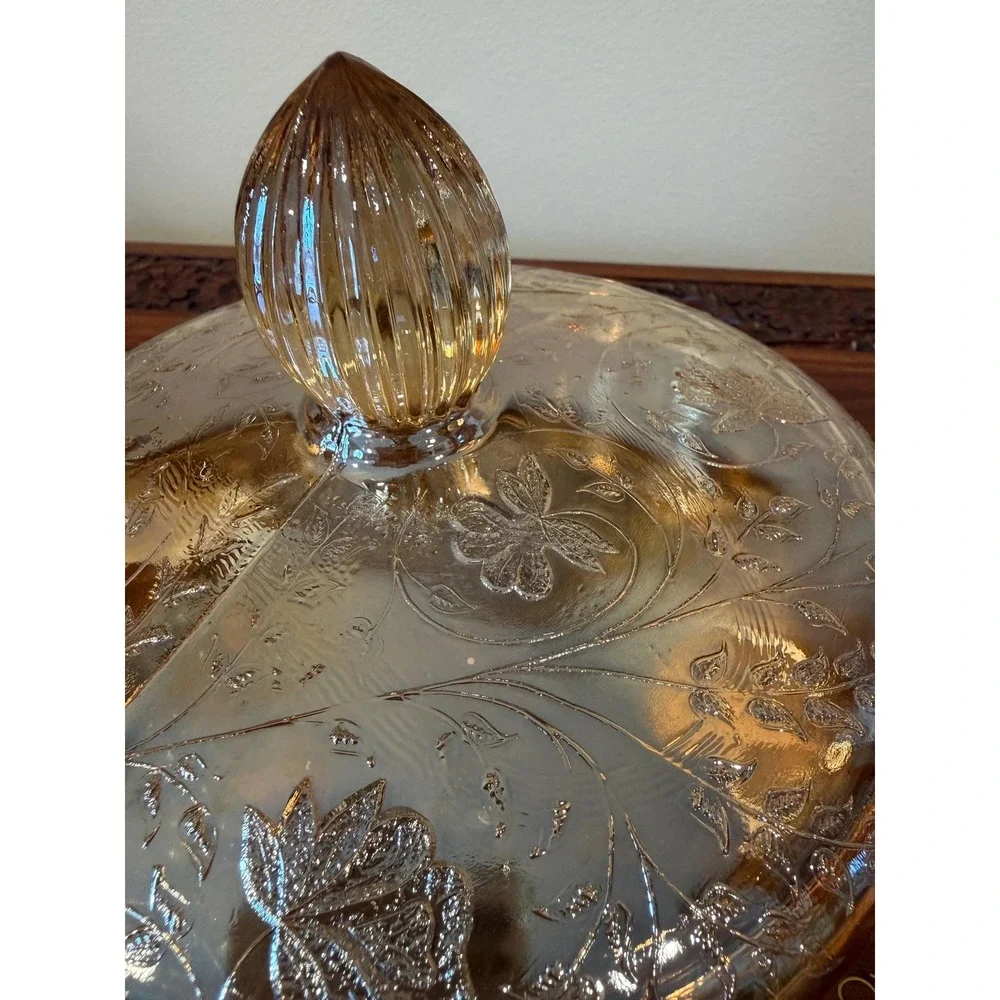 Vintage Jeannette Floragold Louisa Covered Dish, Marigold Carnival‎ Glass Bowl